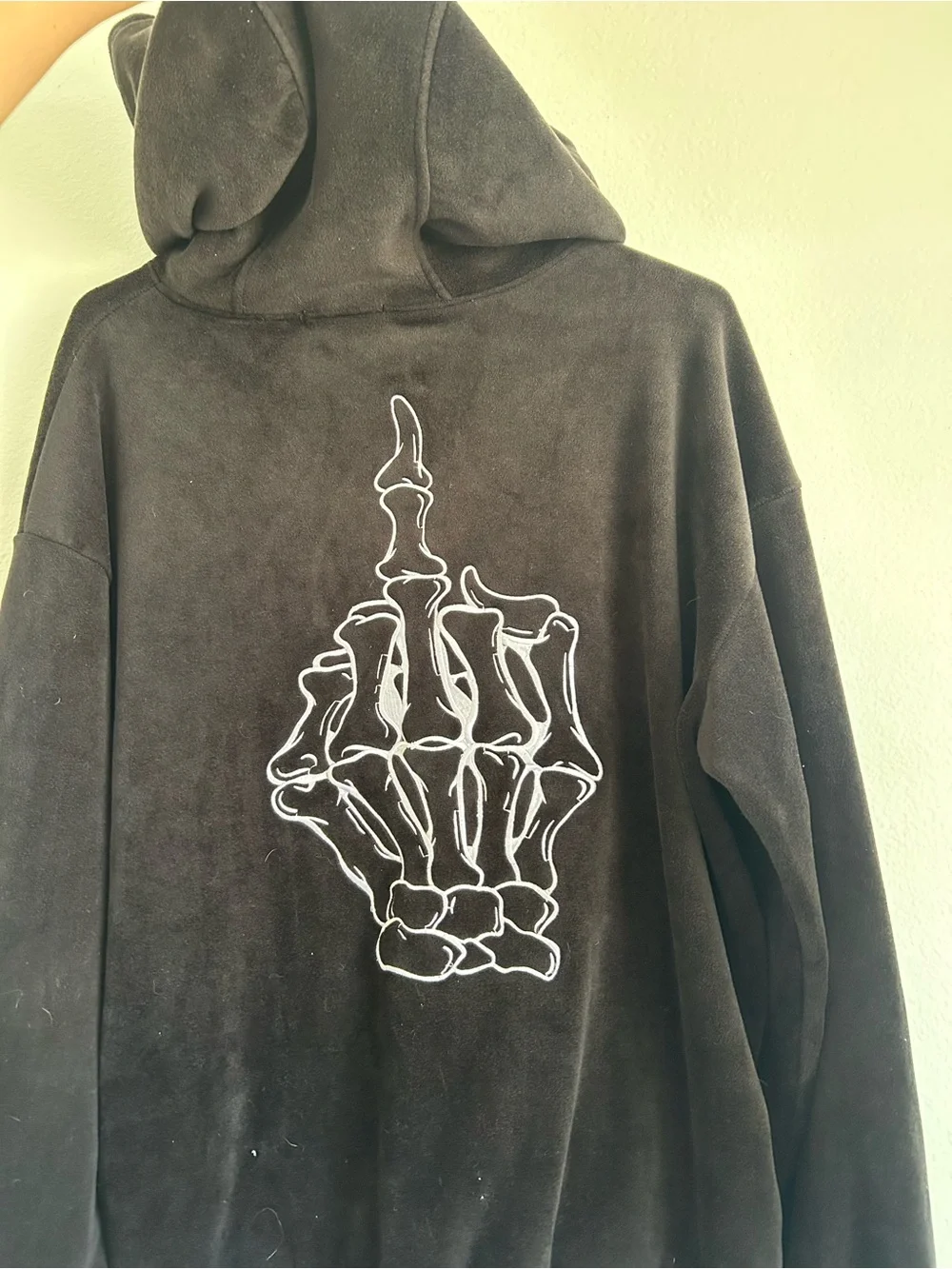 Nokwal Black velour Hoodie with Skeleton hand Embroidered Logo